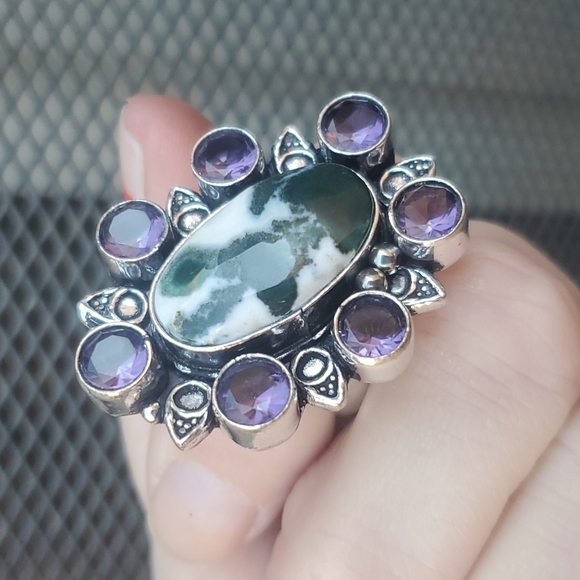 New Tree Agate and Amethyst 925 Silver Statement Ring. - Picture 15 of 16